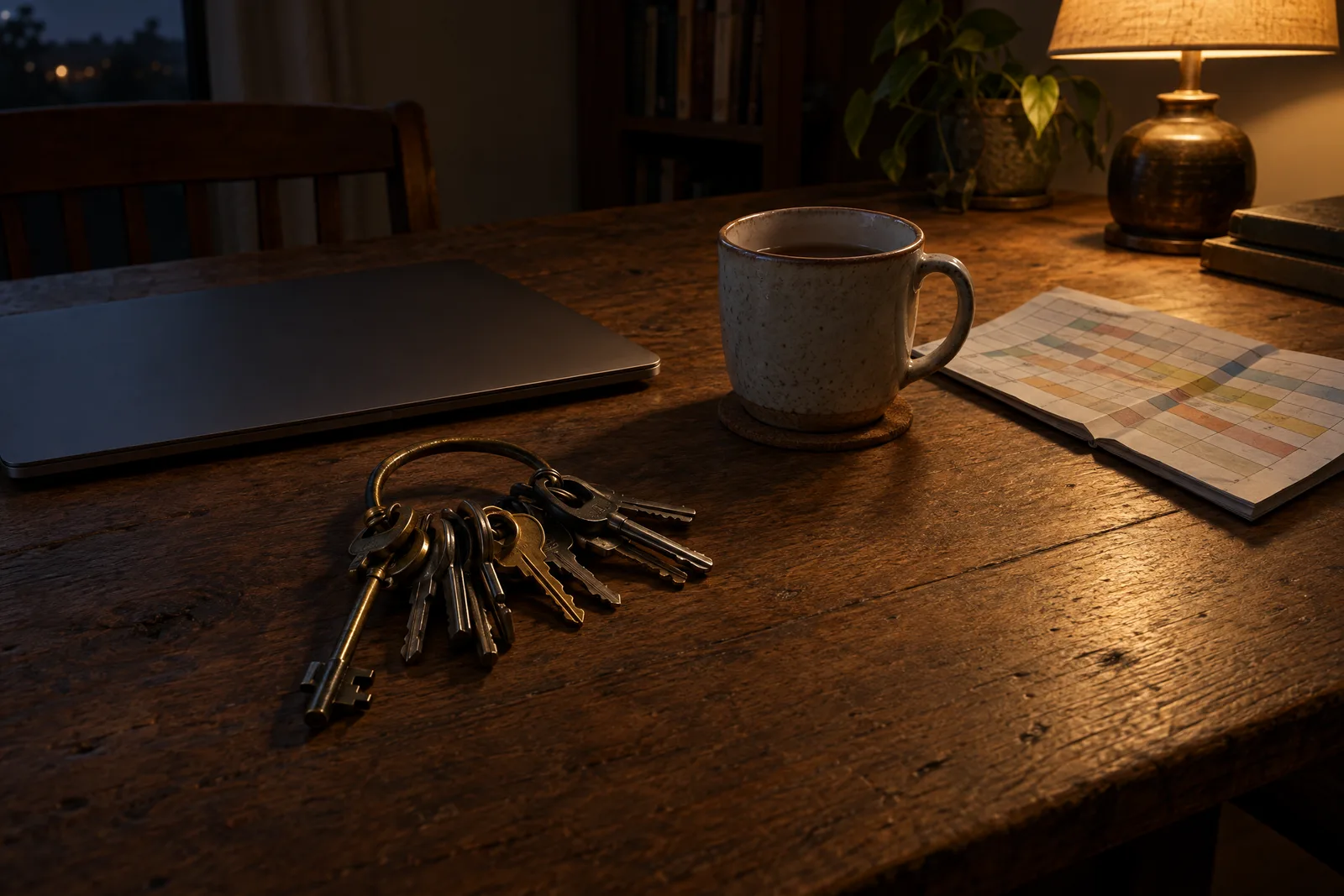A ring of old keys beside a laptop and a cold mug of tea
