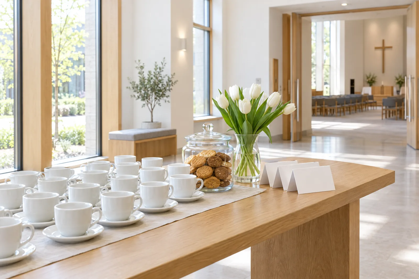 A church welcome table with coffee cups and white tulips